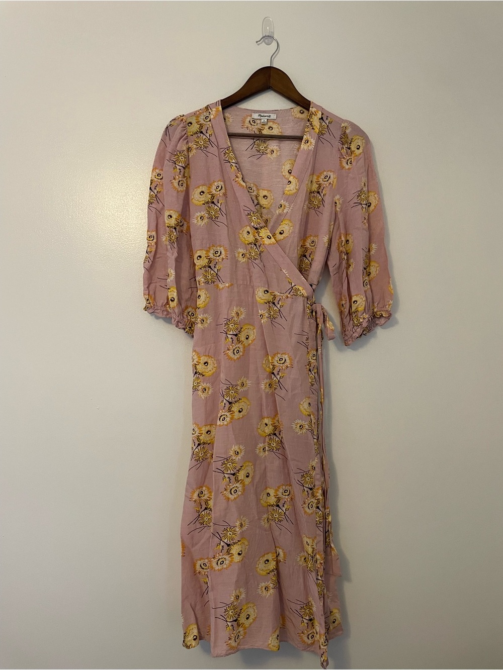 Madewell Dutch Dandelions Linen Blend Ruffle Cuff Midi Wrap Dress